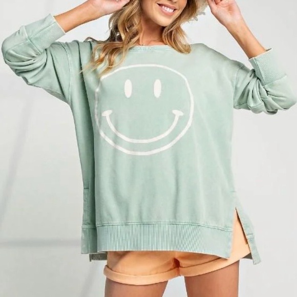 Thread & Supply Tops - Smile Face Green Sweatshirt